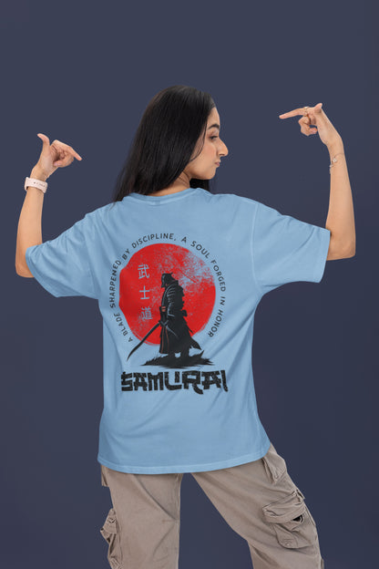 Woman wearing Nauma Bushido Discipline baby blue oversized T-shirt with samurai back print