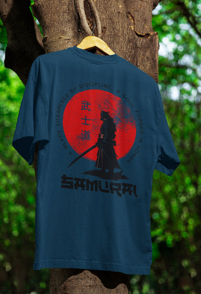 Flat lay of Nauma Bushido Discipline navy blue oversized T-shirt with samurai graphic