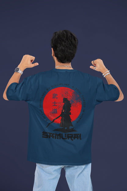 Man wearing Nauma Bushido Discipline navy blue oversized T-shirt with samurai back print