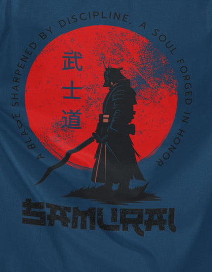Close-up of samurai silhouette and red sun print on Nauma navy blue oversized T-shirt