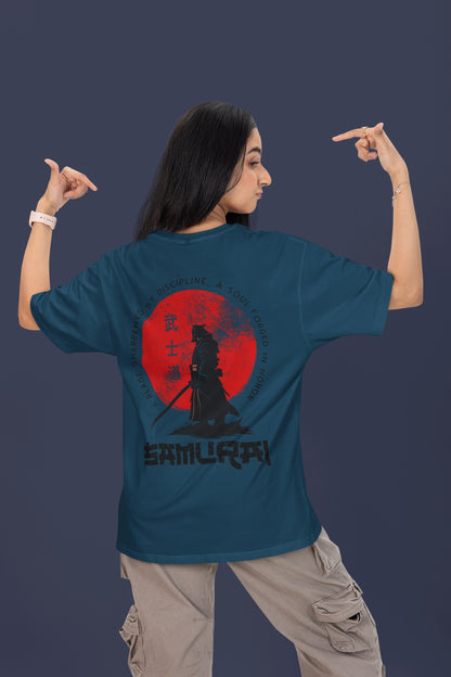 Woman wearing Nauma Bushido Discipline navy blue oversized T-shirt with samurai back print