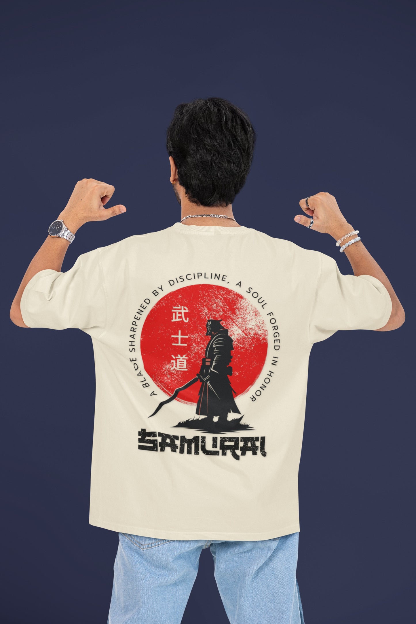 Man wearing Nauma Bushido Discipline off white oversized T-shirt with samurai back print