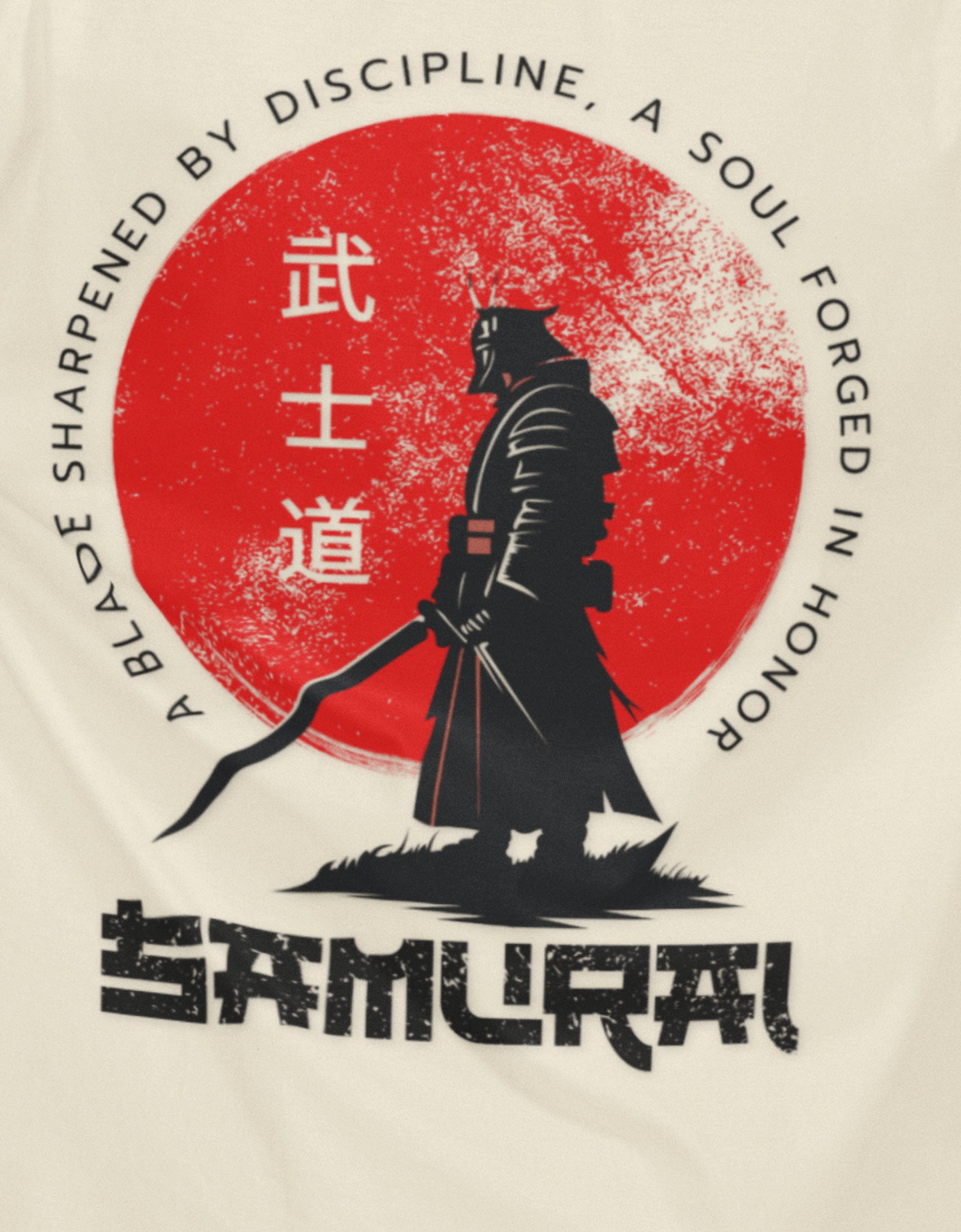 Close-up of samurai silhouette and red sun print on Nauma off white oversized T-shirt