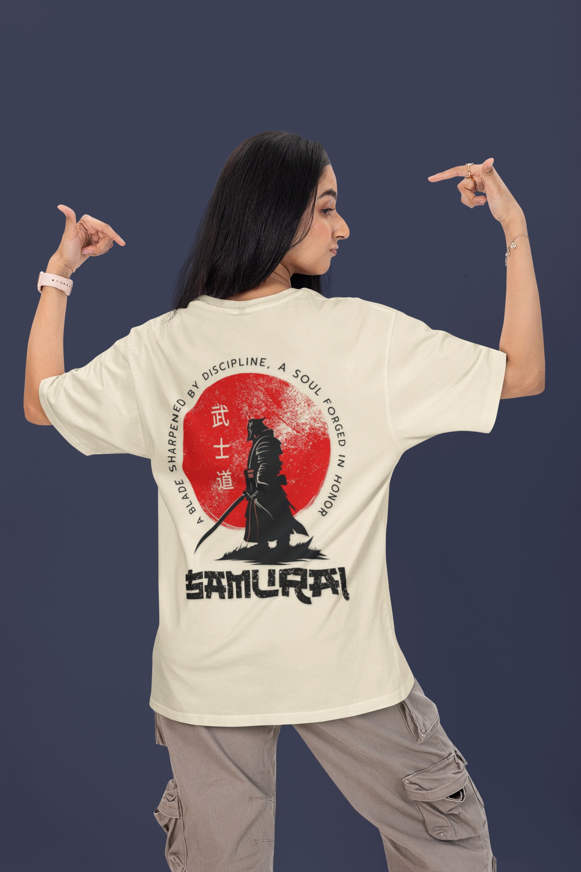 Woman wearing Nauma Bushido Discipline off white oversized T-shirt with samurai back print
