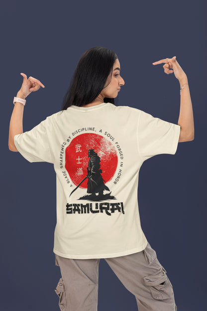 Woman wearing Nauma Bushido Discipline off white oversized T-shirt with samurai back print