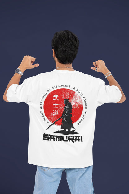Man wearing Nauma Bushido Discipline white oversized T-shirt with samurai back print