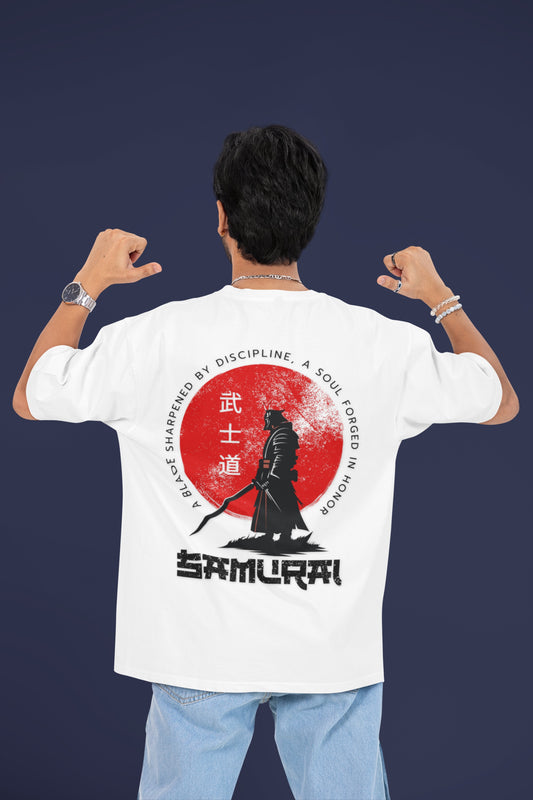 Man wearing Nauma Bushido Discipline white oversized T-shirt with samurai back print