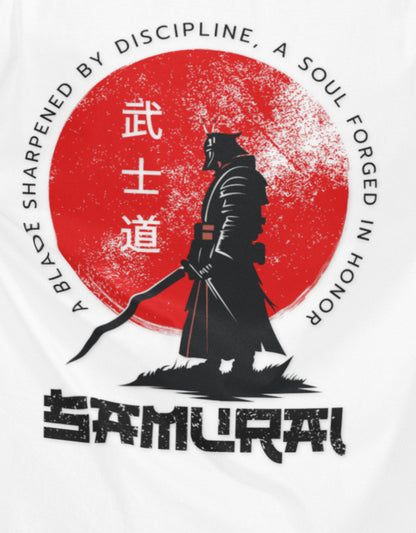 Close-up of samurai silhouette and red sun print on Nauma white oversized T-shirt