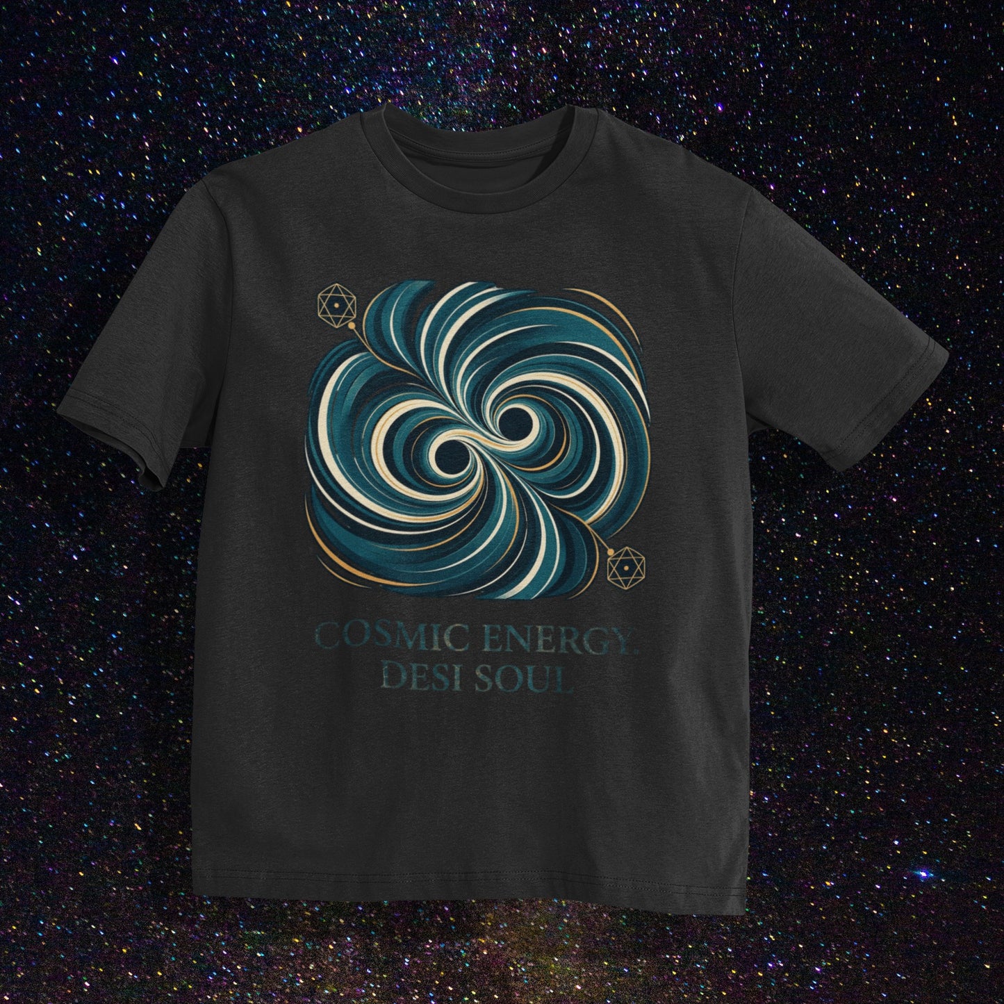 Nauma black unisex oversized t-shirt with a teal and gold colliding black holes print, flat lay