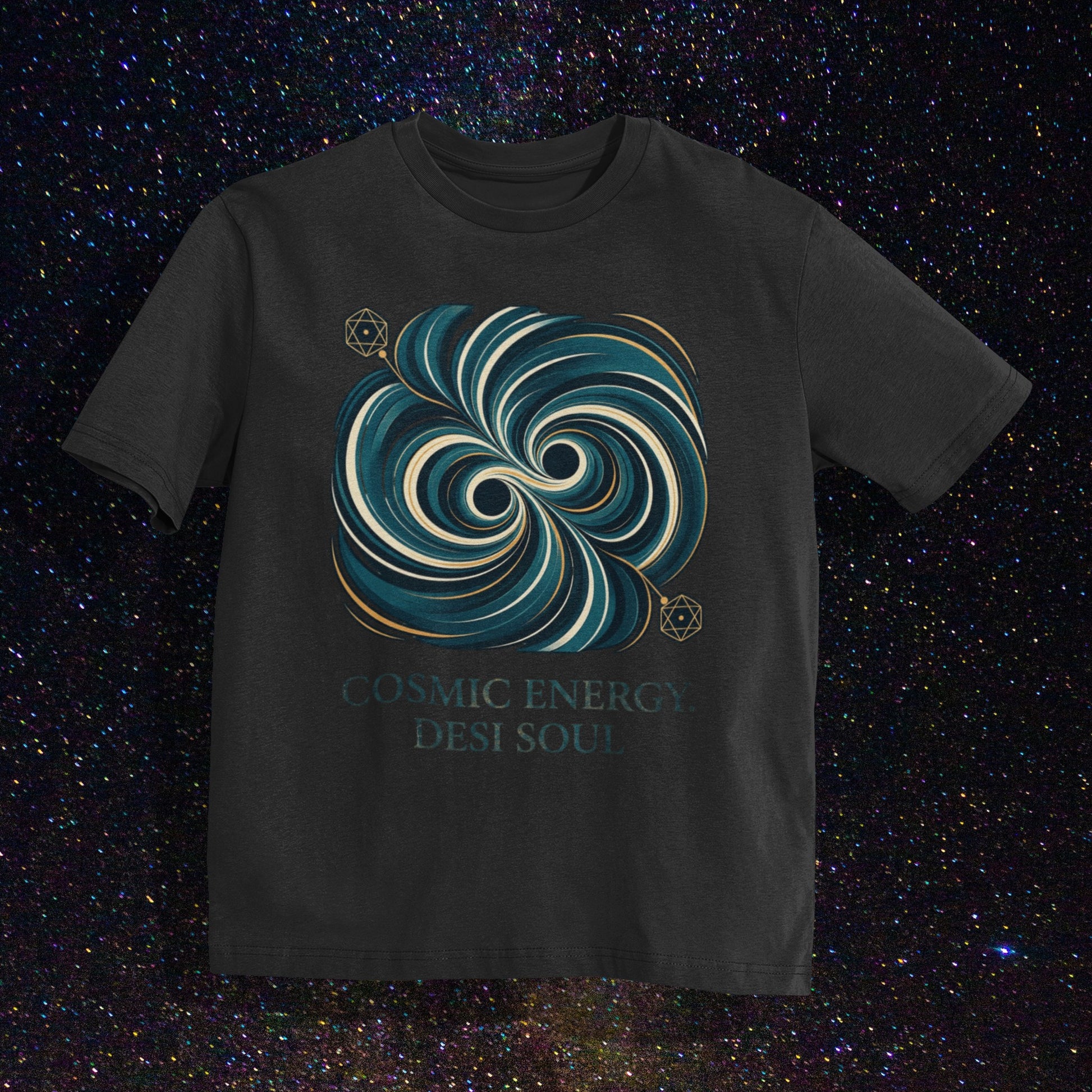 Nauma black unisex oversized t-shirt with a teal and gold colliding black holes print, flat lay
