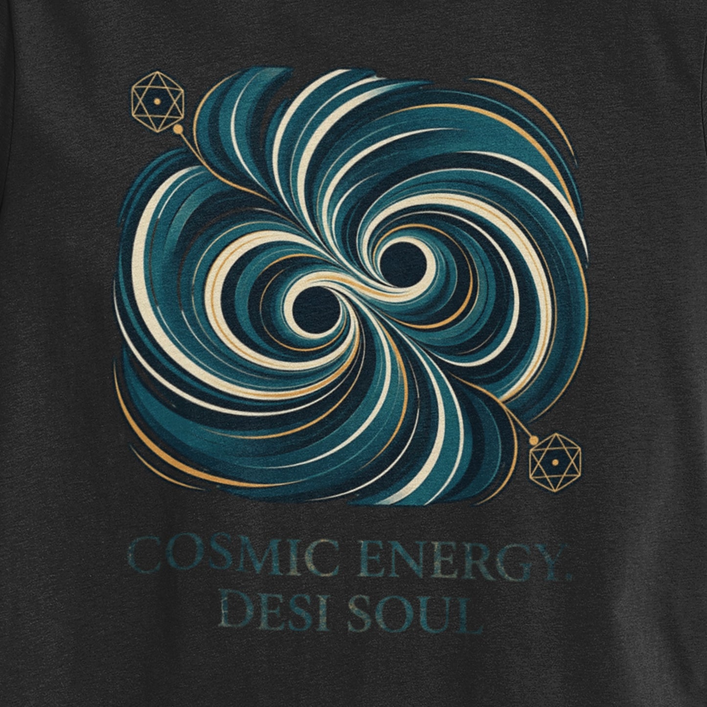 Close-up of the teal and gold colliding black holes print on a Nauma black oversized t-shirt