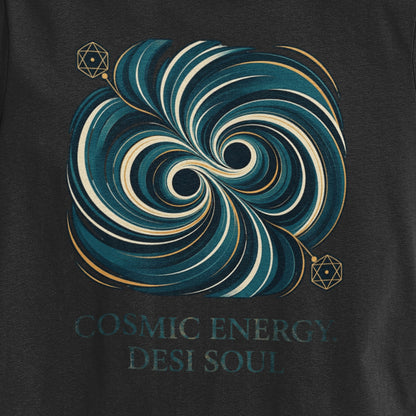 Close-up of the teal and gold colliding black holes print on a Nauma black oversized t-shirt