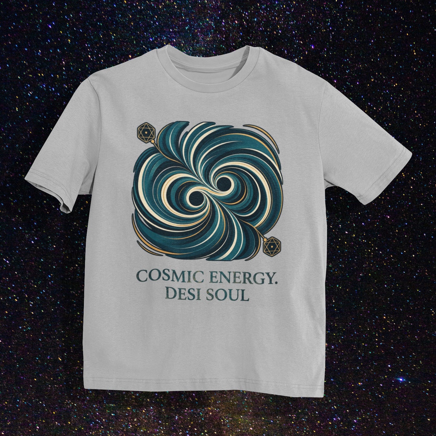 Nauma melange grey unisex oversized t-shirt with a teal and gold colliding black holes print, flat lay