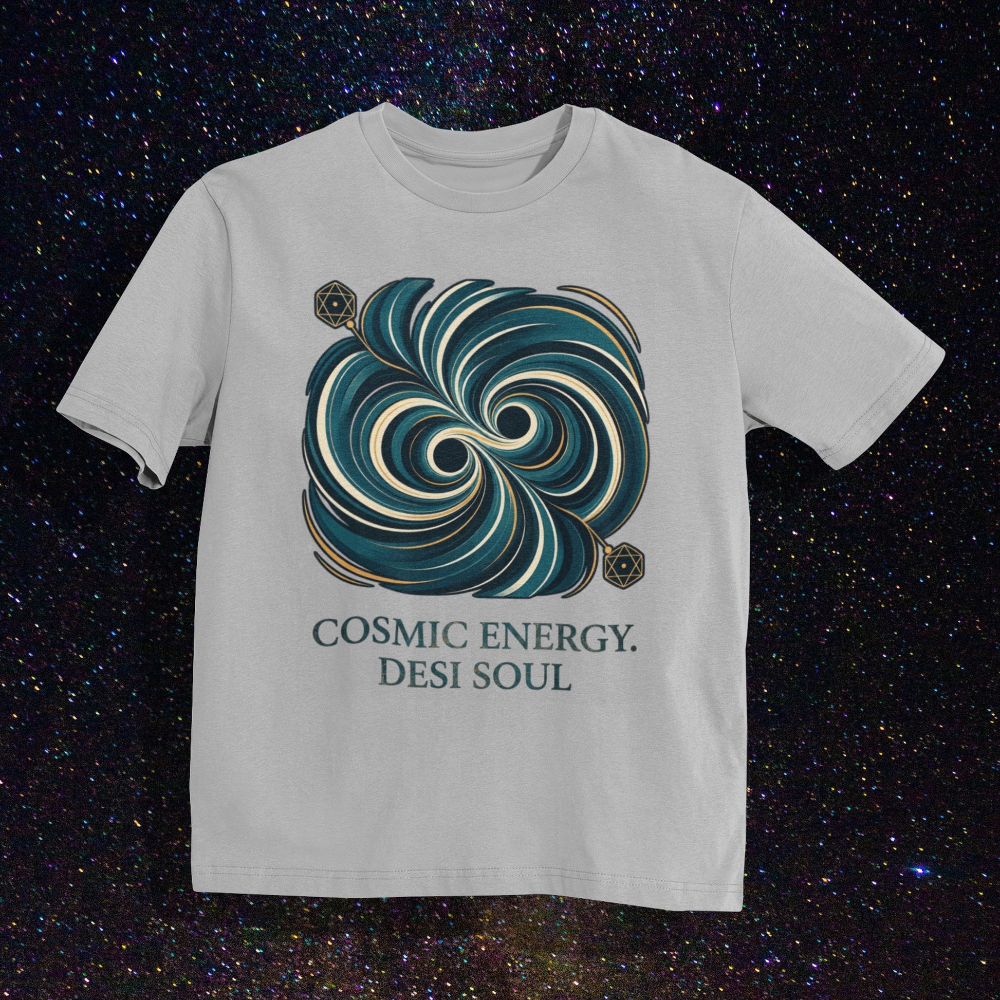 Nauma melange grey unisex oversized t-shirt with a teal and gold colliding black holes print, flat lay