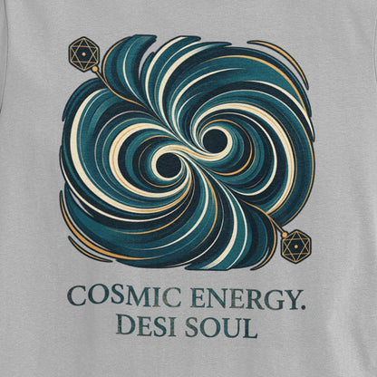 Close-up of the teal and gold colliding black holes print on a Nauma melange grey oversized t-shirt
