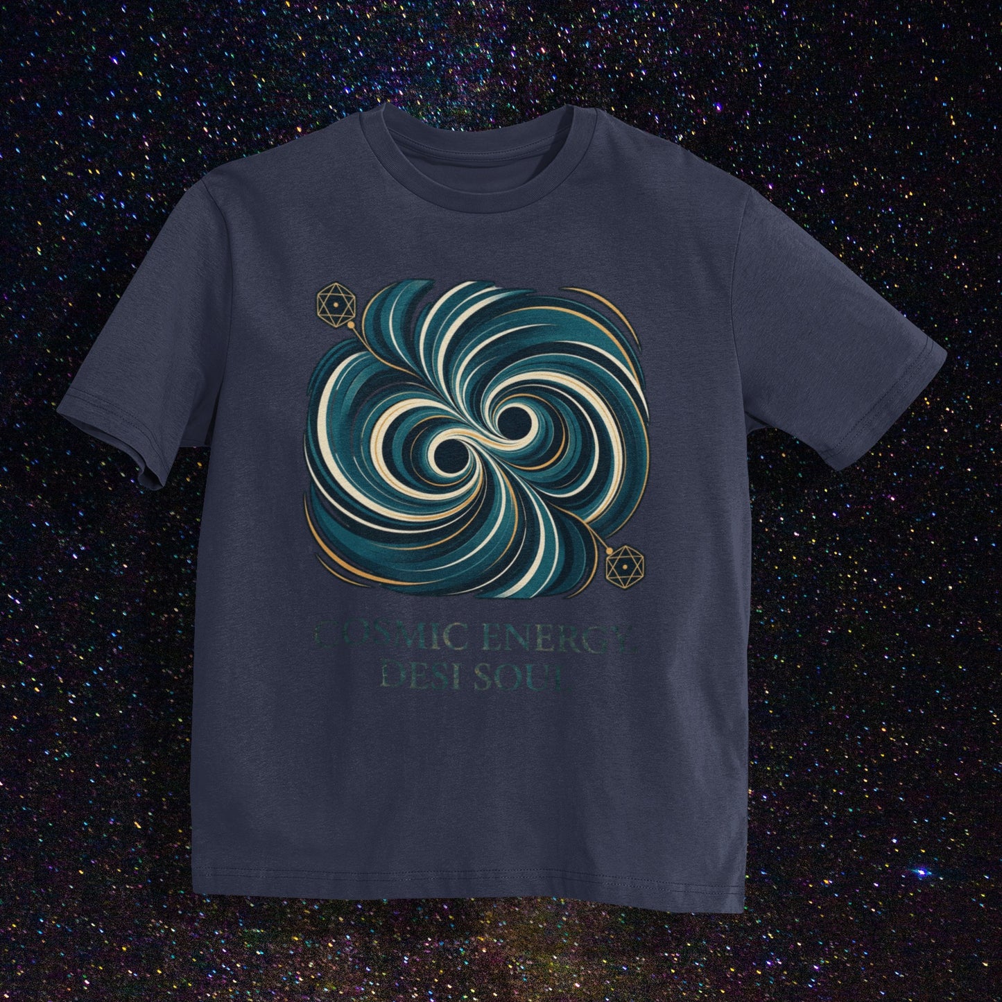 Nauma navy blue unisex oversized t-shirt with a teal and gold colliding black holes print, flat lay