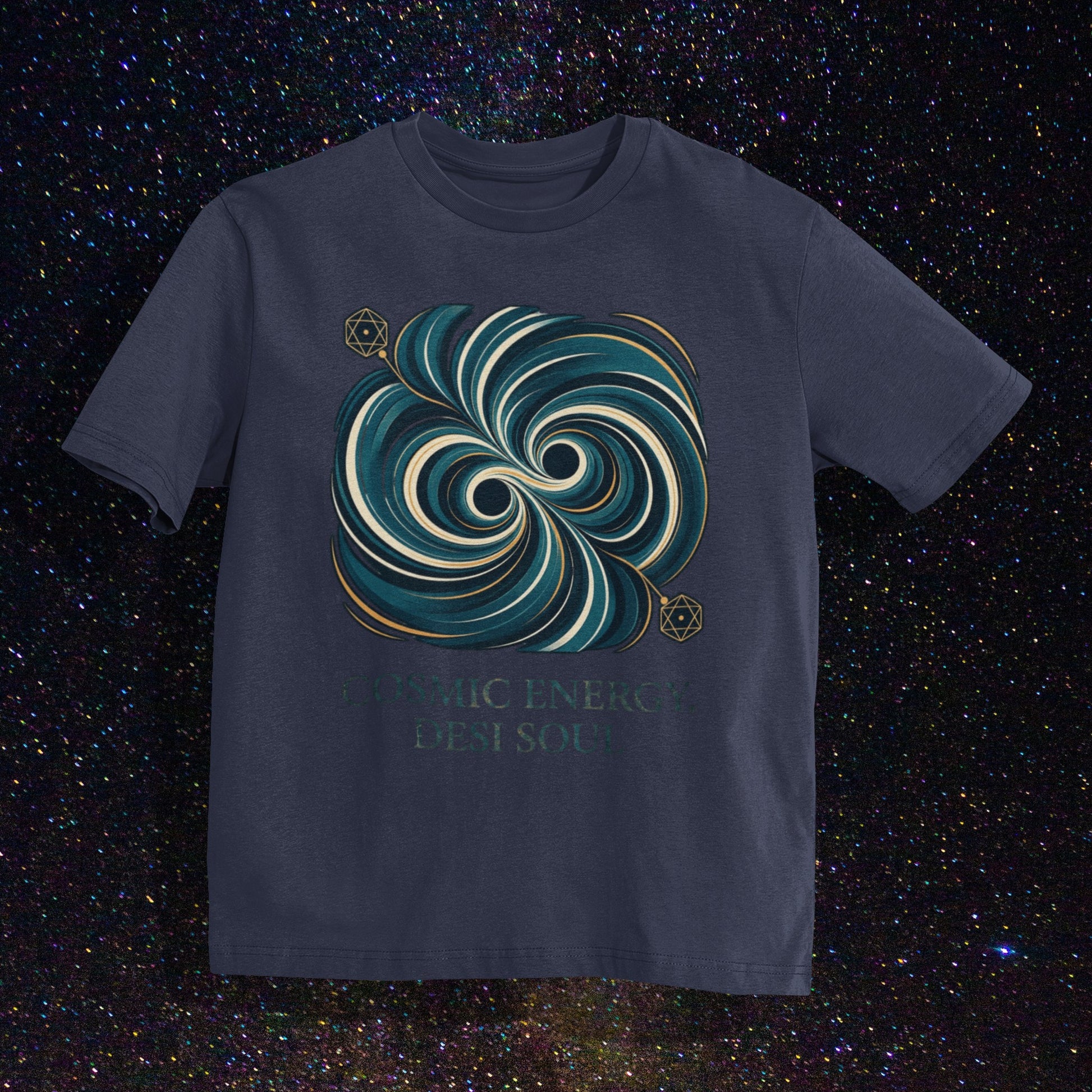 Nauma navy blue unisex oversized t-shirt with a teal and gold colliding black holes print, flat lay