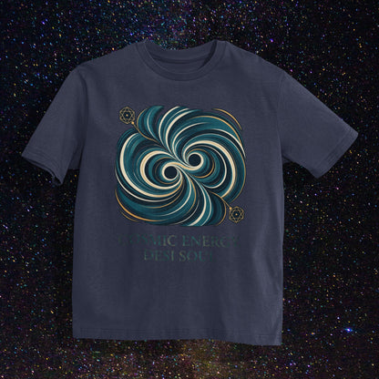 Nauma navy blue unisex oversized t-shirt with a teal and gold colliding black holes print, flat lay