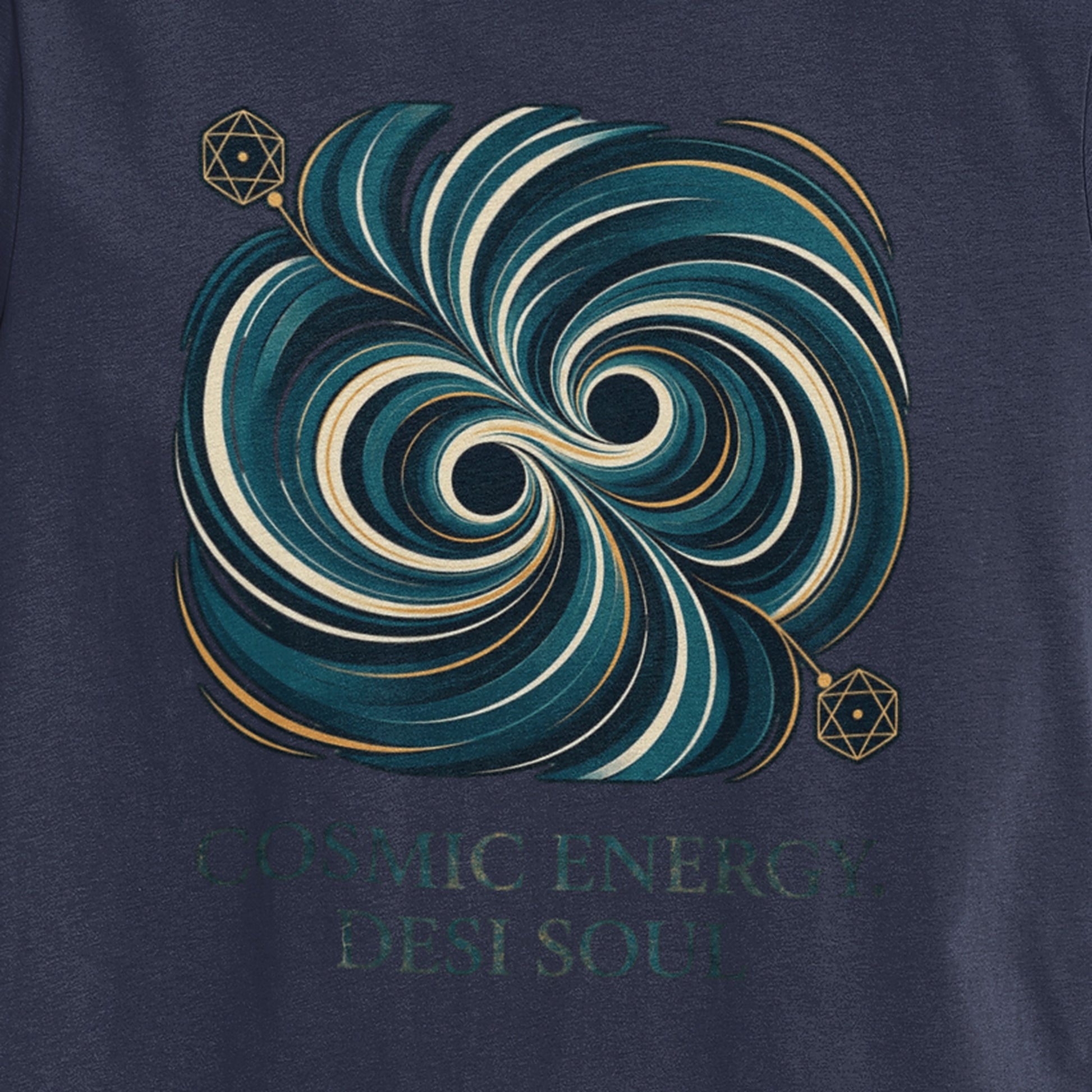 Close-up of the teal and gold colliding black holes print on a Nauma navy blue oversized t-shirt