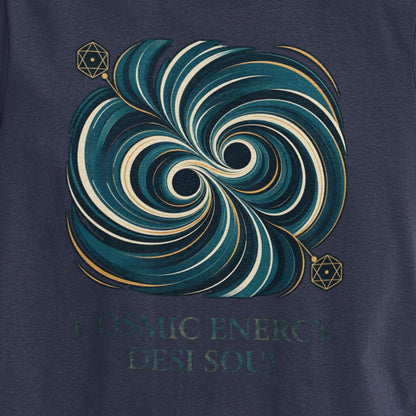 Close-up of the teal and gold colliding black holes print on a Nauma navy blue oversized t-shirt