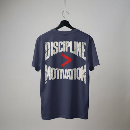 Navy Blue Discipline Over Motivation oversized t-shirt on a hanger, showing the back print
