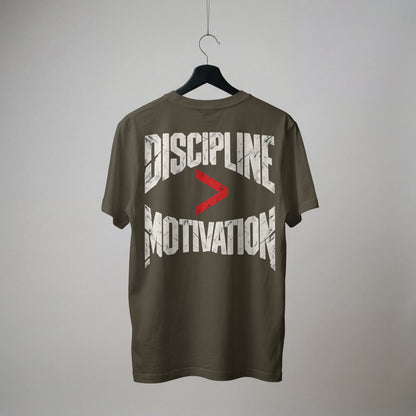 Olive Green Discipline Over Motivation oversized t-shirt on a hanger, showing the back print