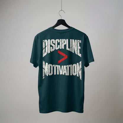 Petrol Blue Discipline Over Motivation oversized t-shirt on a hanger, showing the back print