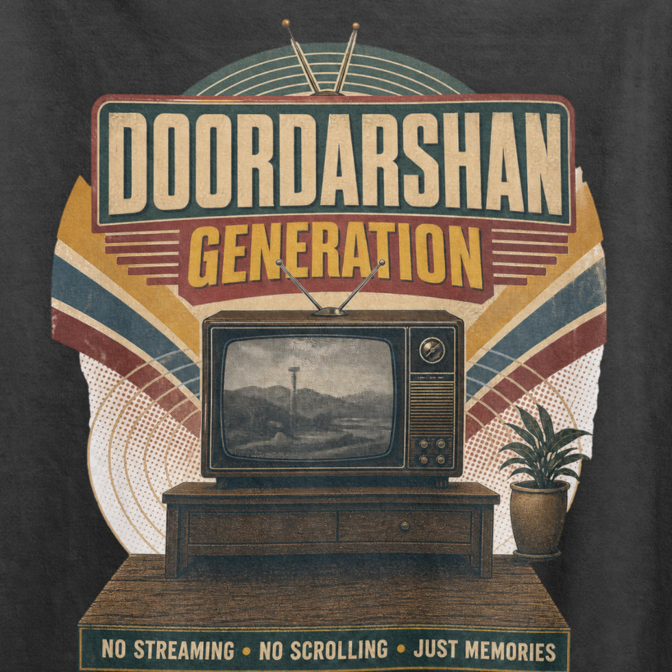 Black Doordarshan Generation oversized t-shirt, close-up of the retro TV print with No Streaming No Scrolling Just Memories text