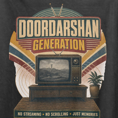 Black Doordarshan Generation oversized t-shirt, close-up of the retro TV print with No Streaming No Scrolling Just Memories text