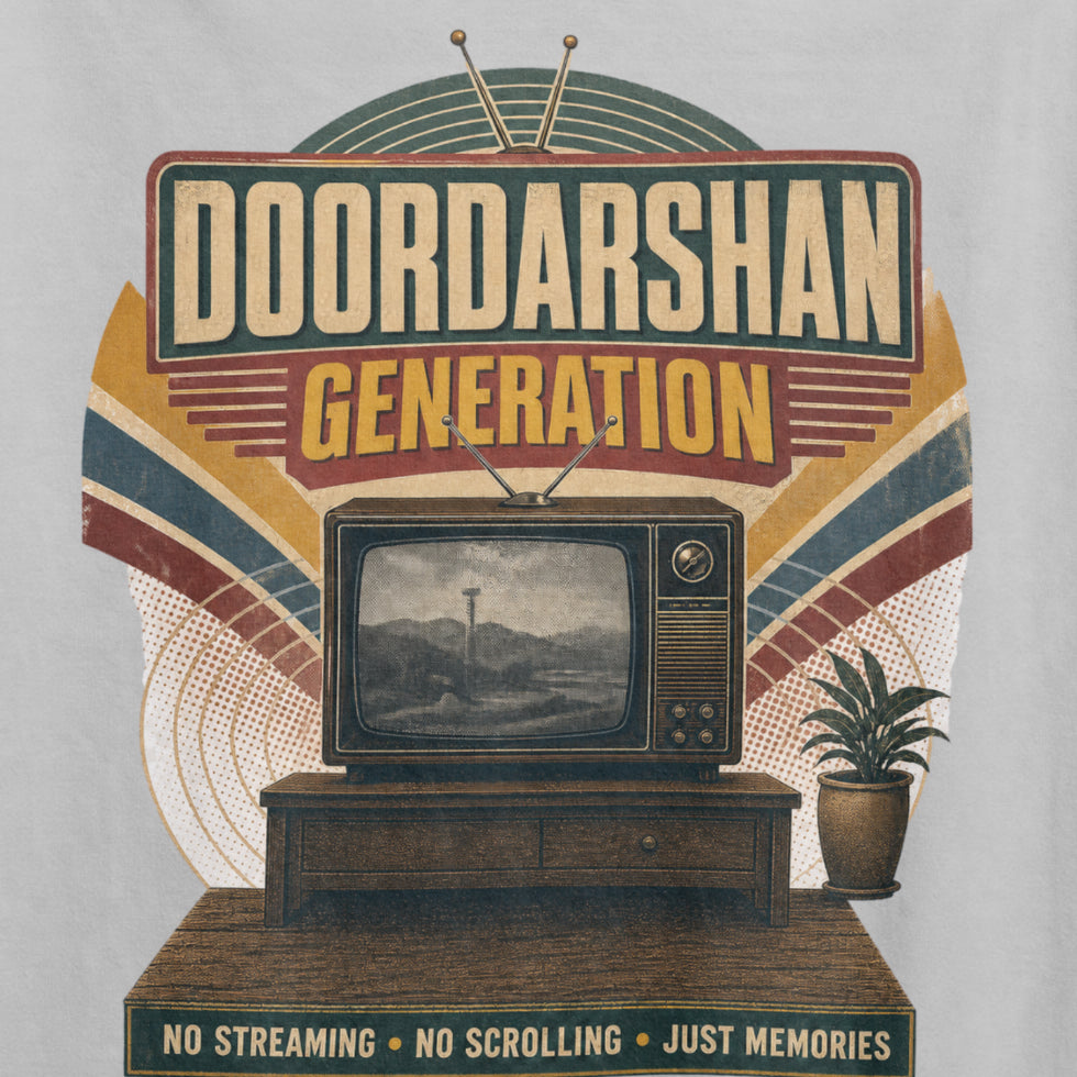 Melange Grey Doordarshan Generation oversized t-shirt, close-up of the retro TV print with No Streaming No Scrolling Just Memories text