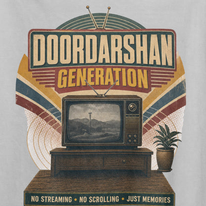 Melange Grey Doordarshan Generation oversized t-shirt, close-up of the retro TV print with No Streaming No Scrolling Just Memories text