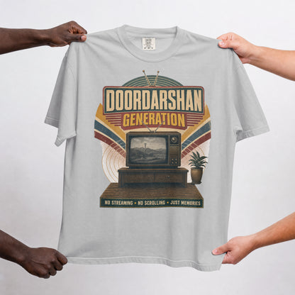 Melange Grey Doordarshan Generation oversized t-shirt held up flat to show the full retro TV print