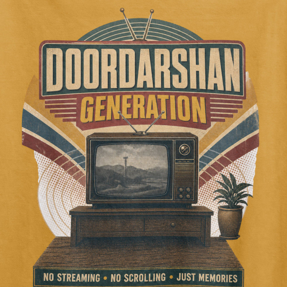Mustard Yellow Doordarshan Generation oversized t-shirt, close-up of the retro TV print with No Streaming No Scrolling Just Memories text
