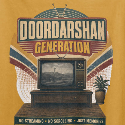 Mustard Yellow Doordarshan Generation oversized t-shirt, close-up of the retro TV print with No Streaming No Scrolling Just Memories text