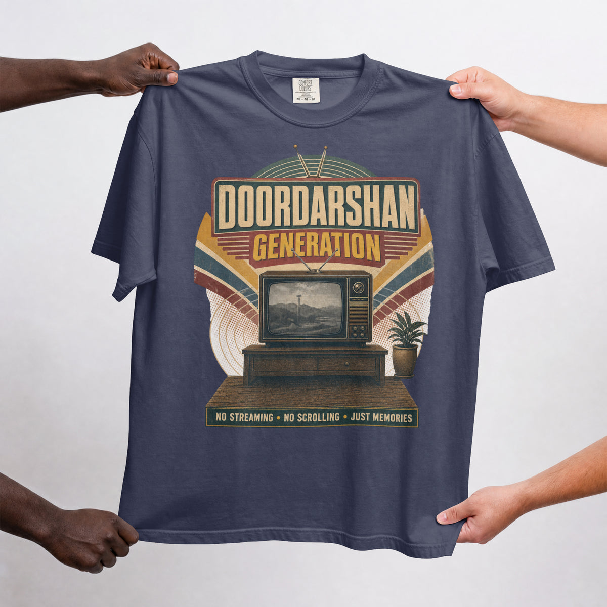 Navy Blue Doordarshan Generation oversized t-shirt held up flat to show the full retro TV print