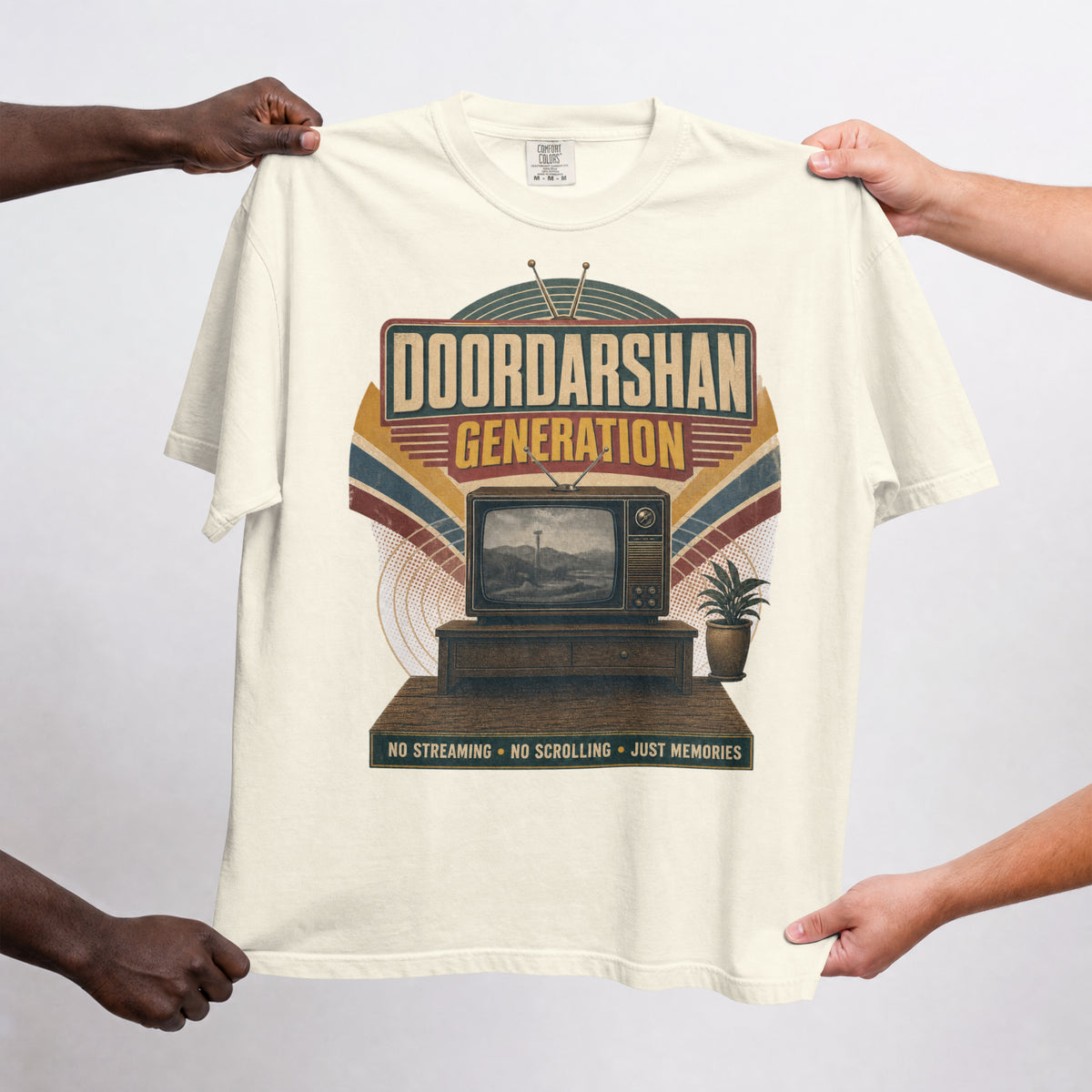 Off white Doordarshan Generation oversized t-shirt held up flat to show the full retro TV print