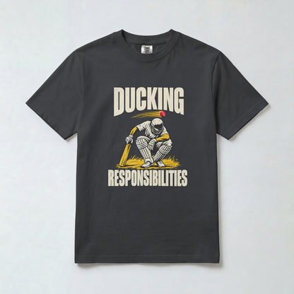 Black Ducking Responsibilities cricket t-shirt, front view with crouching batsman graphic