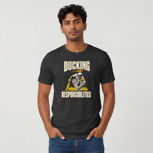 Black Ducking Responsibilities unisex cricket graphic t-shirt, lifestyle view