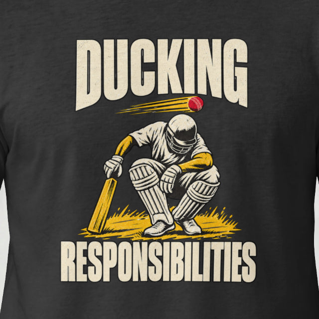 Black Ducking Responsibilities cricket t-shirt, close-up of the crouching batsman print on the model