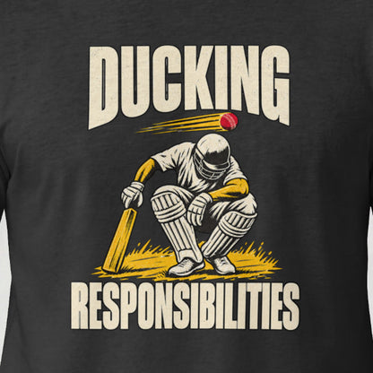 Black Ducking Responsibilities cricket t-shirt, close-up of the crouching batsman print on the model