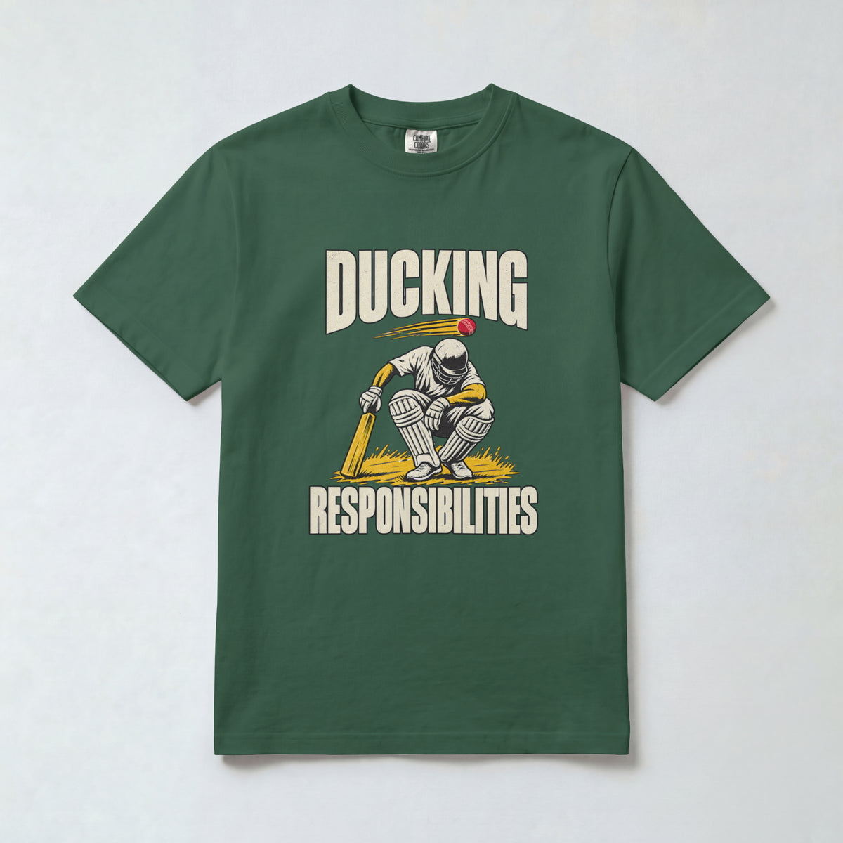 Bottle Green Ducking Responsibilities cricket t-shirt, front view with crouching batsman graphic
