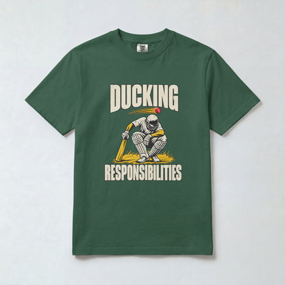 Bottle Green Ducking Responsibilities cricket t-shirt, front view with crouching batsman graphic