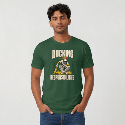 Bottle Green Ducking Responsibilities unisex cricket graphic t-shirt, lifestyle view