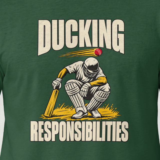 Bottle Green Ducking Responsibilities cricket t-shirt, close-up of the crouching batsman print on the model