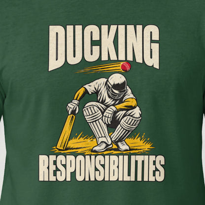 Bottle Green Ducking Responsibilities cricket t-shirt, close-up of the crouching batsman print on the model