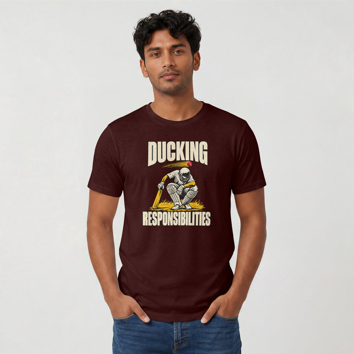 Maroon Ducking Responsibilities unisex cricket graphic t-shirt, lifestyle view