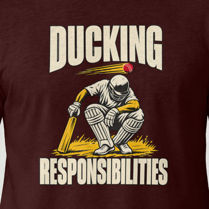 Maroon Ducking Responsibilities cricket t-shirt, close-up of the crouching batsman print on the model