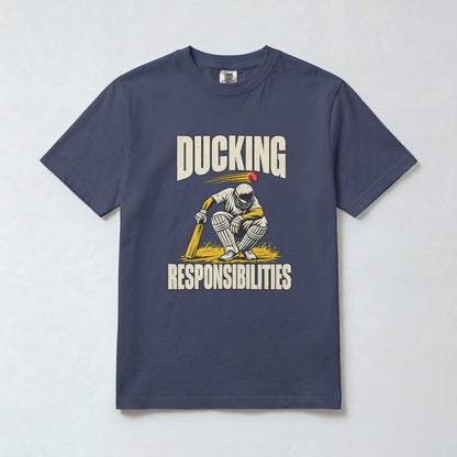 Navy Blue Ducking Responsibilities cricket t-shirt, front view with crouching batsman graphic