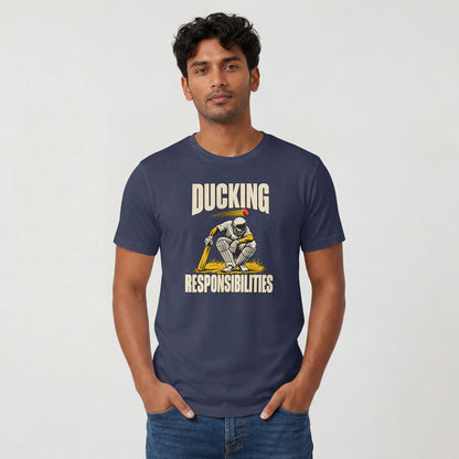 Navy Blue Ducking Responsibilities unisex cricket graphic t-shirt, lifestyle view