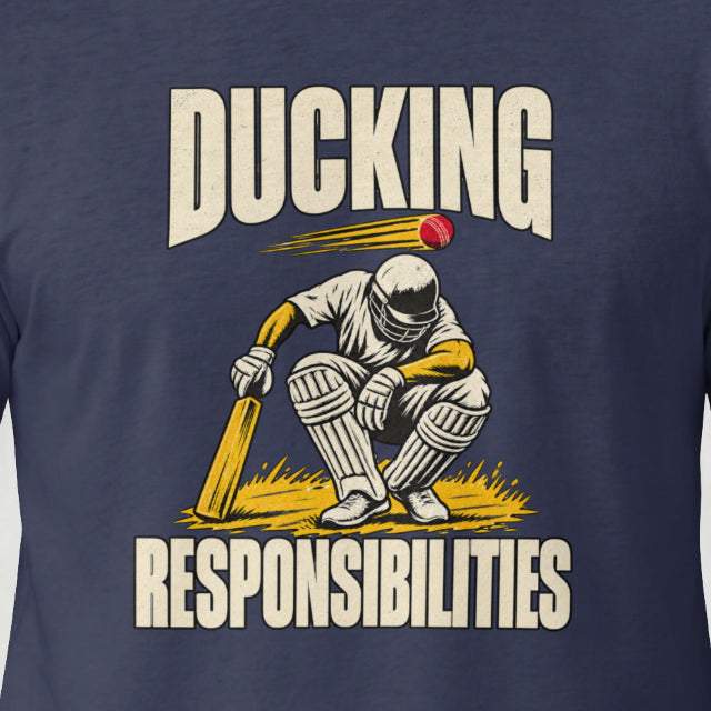 Navy Blue Ducking Responsibilities cricket t-shirt, close-up of the crouching batsman print on the model